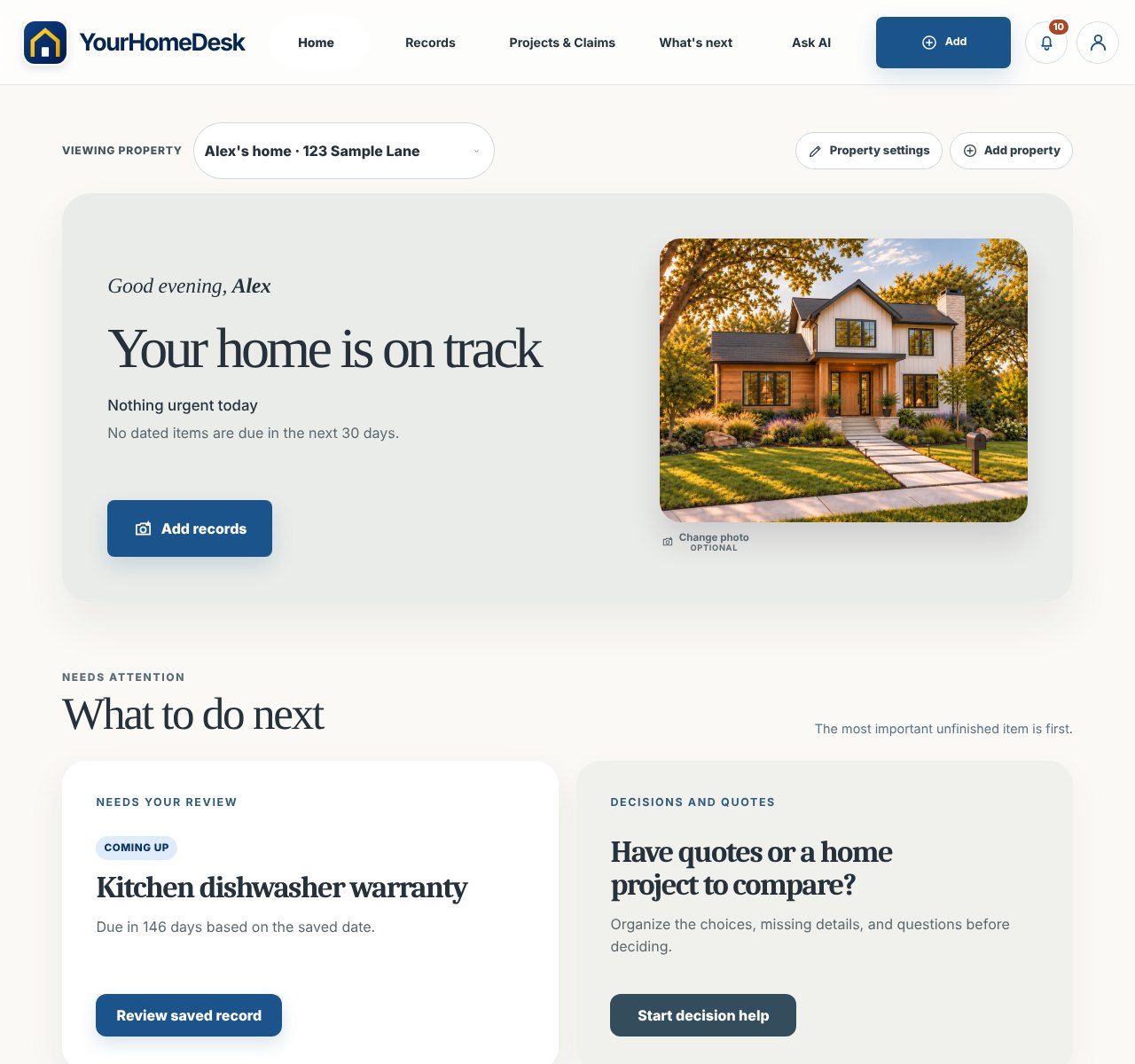 Sample Home view for Alex showing property status, the home photo, and what to do next